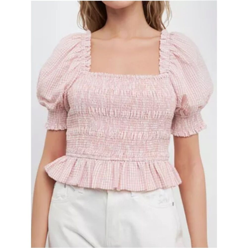 NWTs Free the Roses Pink Puff Sleeve Smocked Top Size Small